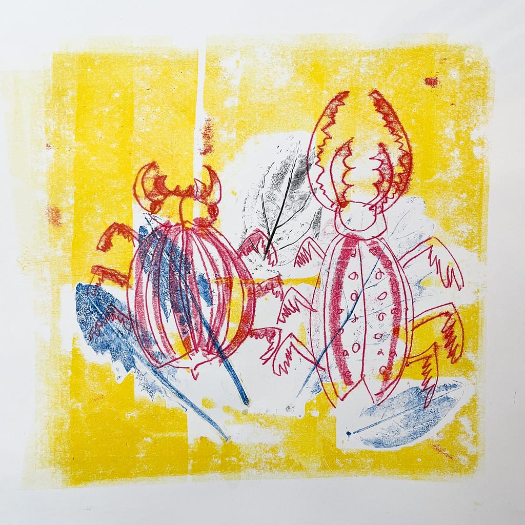 Monotype with beetles on red
